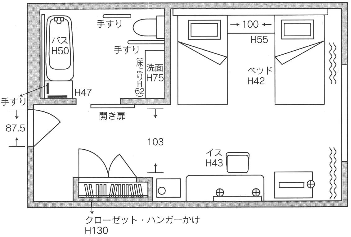 福岡の宿泊はホテルオークラ福岡のユニバーサルデザインルーム間取り